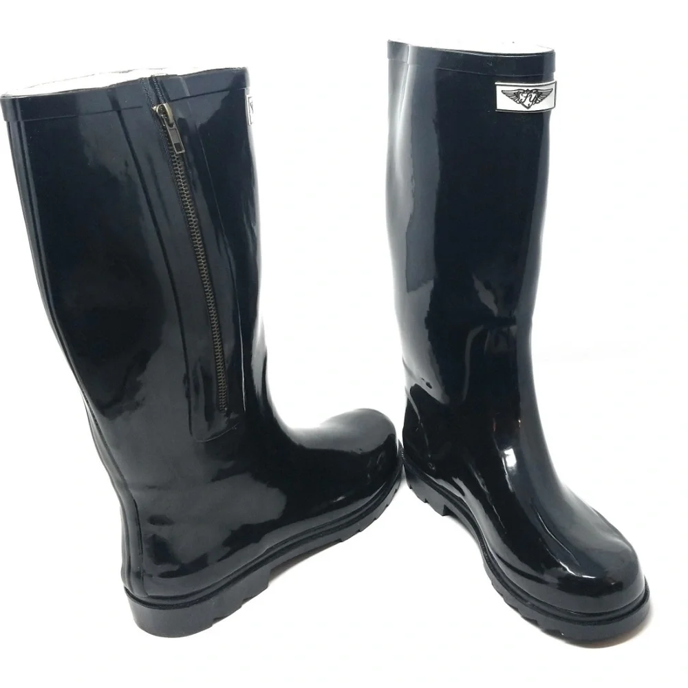 Women Rubber Rainboots w/ Side-Zipper Decor, Black Garden Rain Boots, NEW